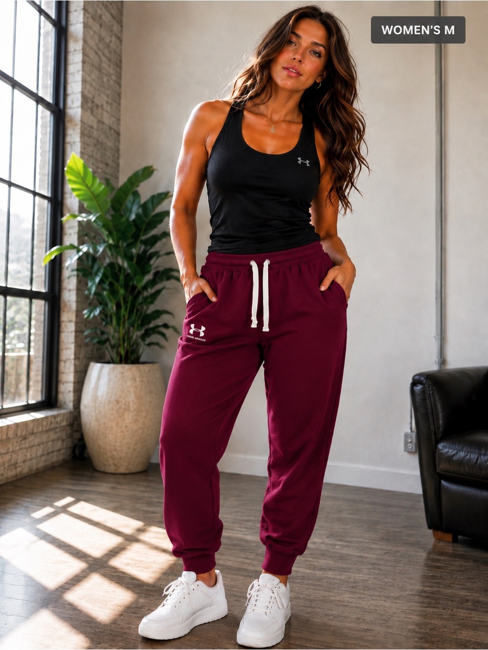 Under Armour Women's Maroon Jogger Sweatpants with tank top outfit